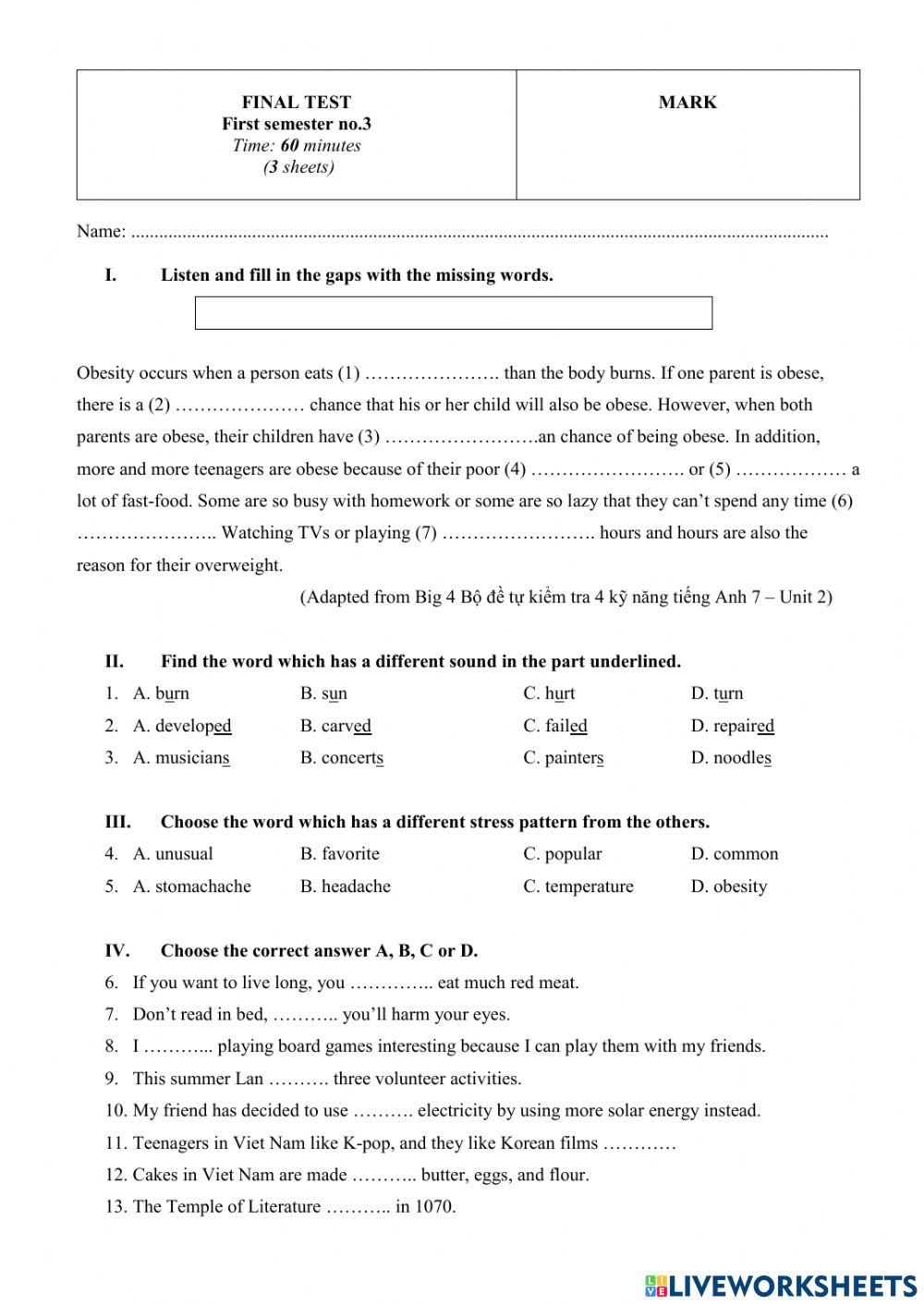 Final test No.3 - First semester