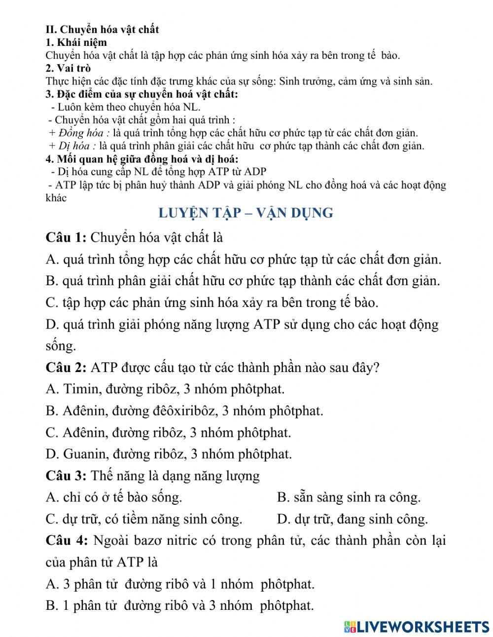 Bài 13. Sinh 10. CHVC và Năng lượng