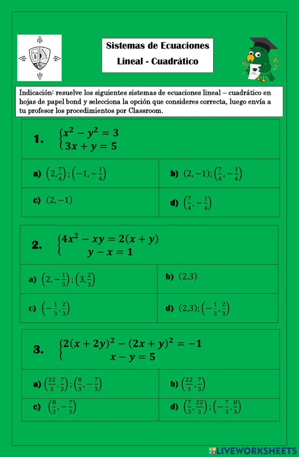 Sistemas de ecuaciones lineal - cuadrática