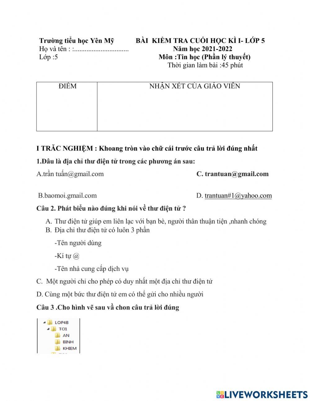 Đề kiểm tra tin học