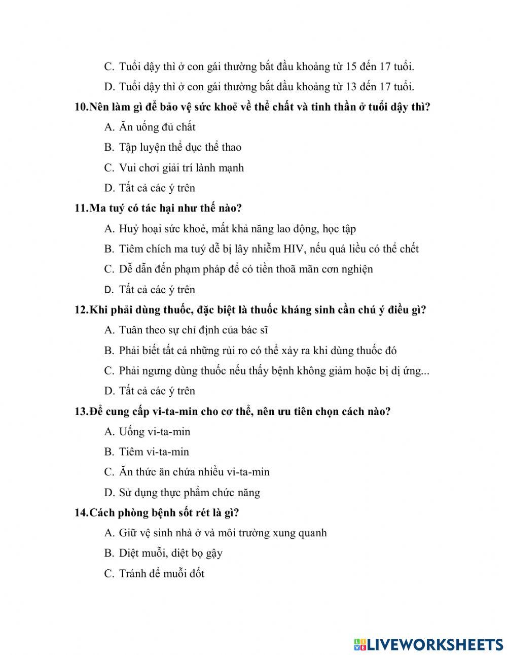 Đề cương ôn tập môn Khoa Học