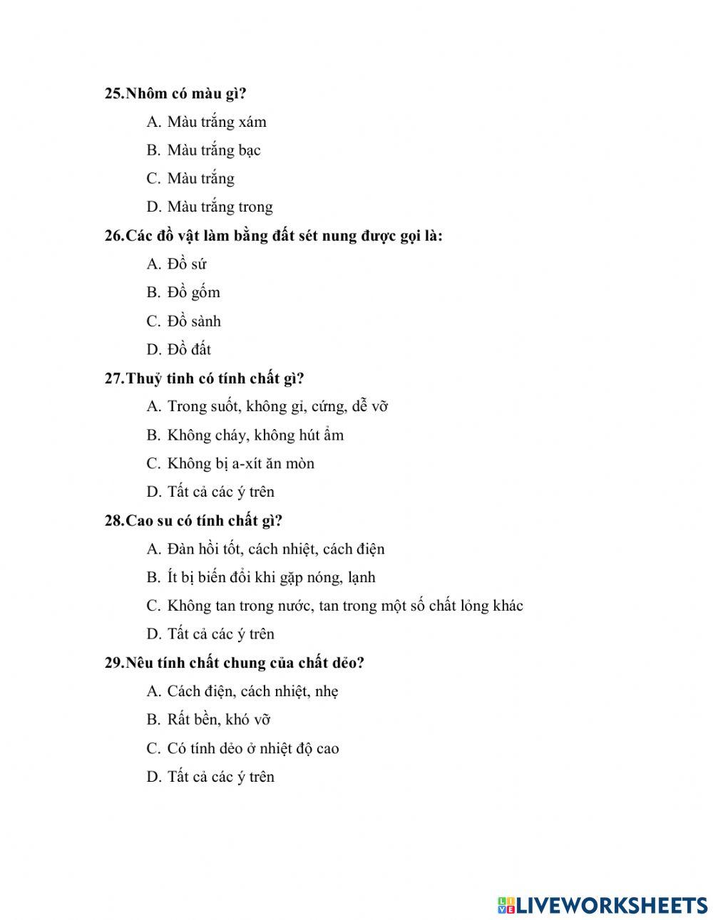 Đề cương ôn tập môn Khoa Học