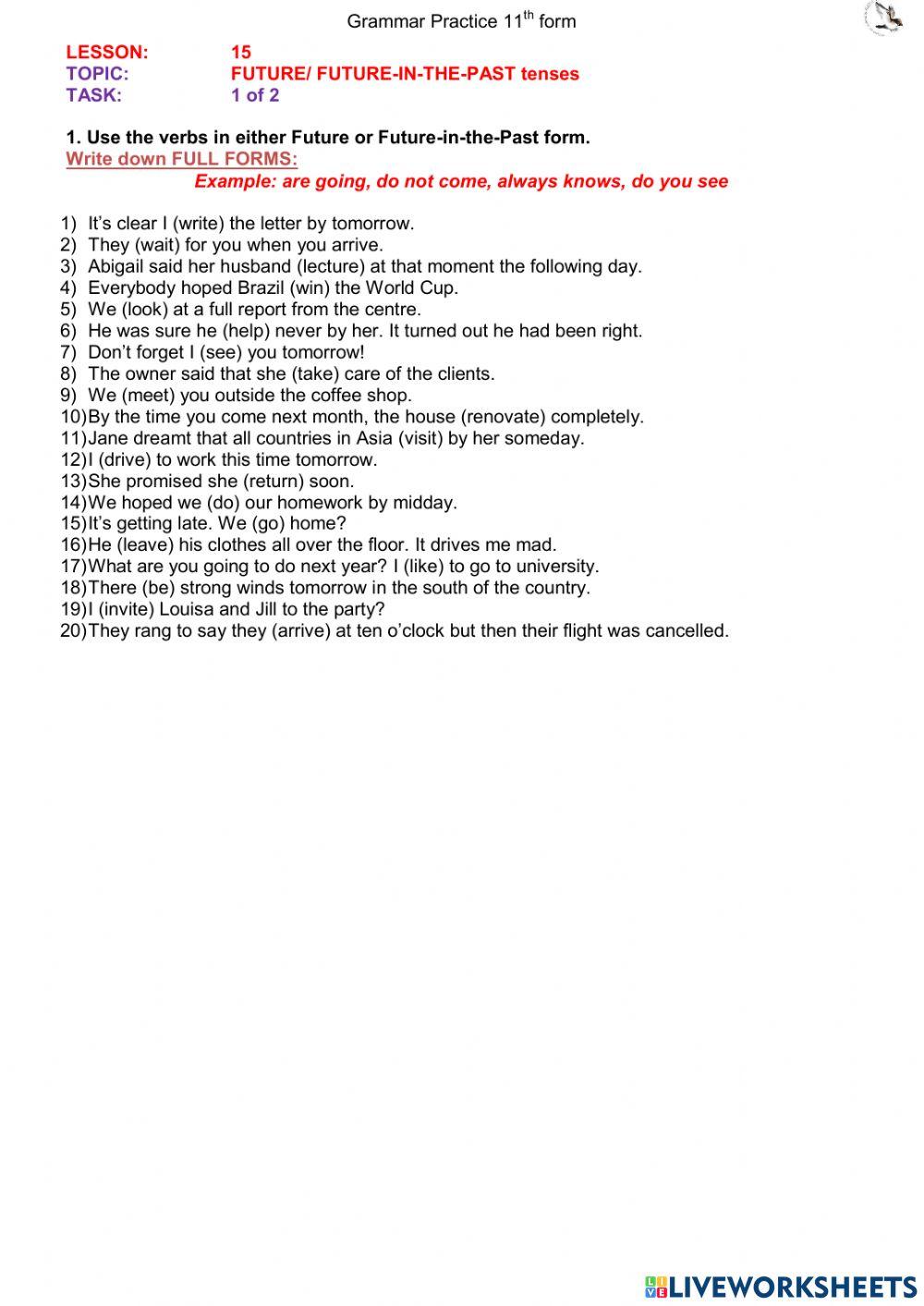 Future and Future in the past (L15 11th) ex1