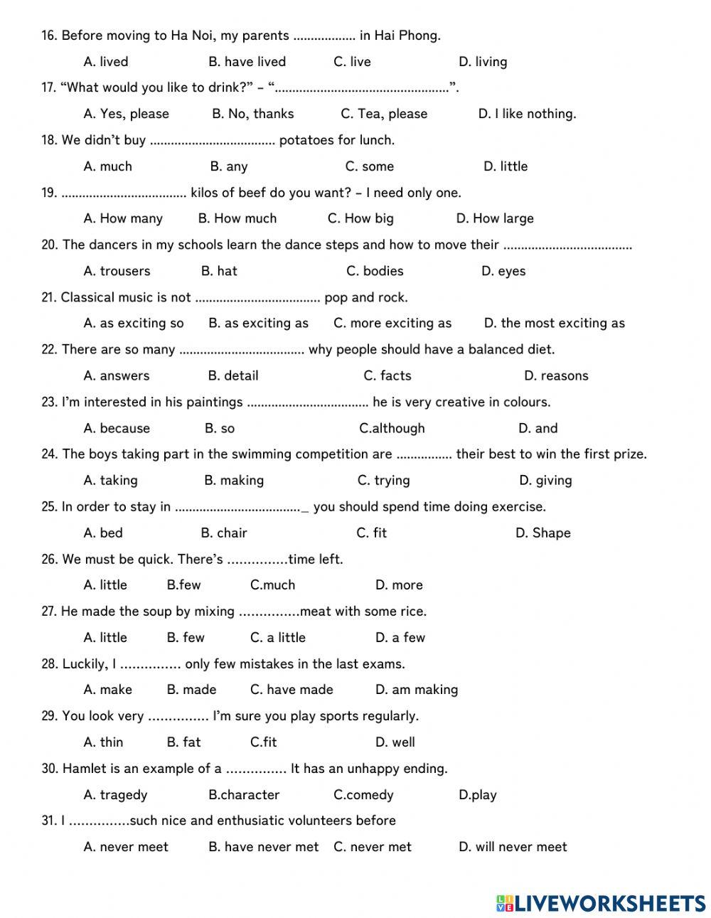 SGK7-Unit 6-Bài tập Trắc Nghiệm