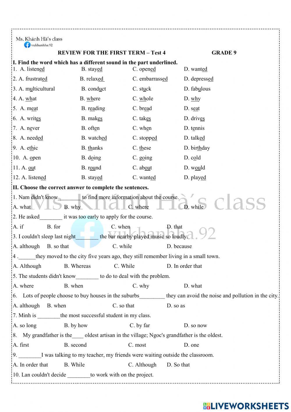 Grade 9 - First semester Test 4