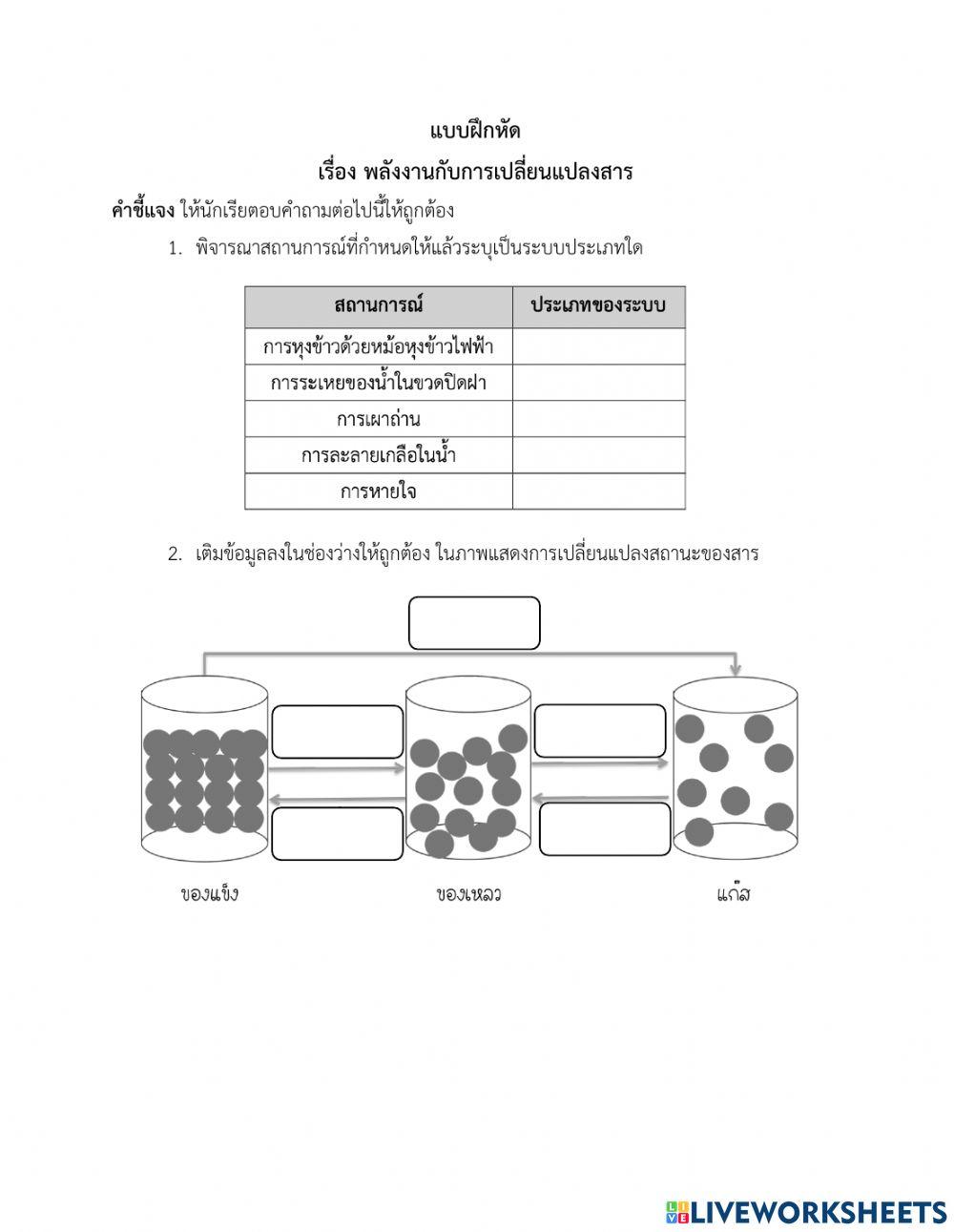 แบบฝึกหัด เรื่อง พลังงานกับการเปลี่ยนแปลงสาร