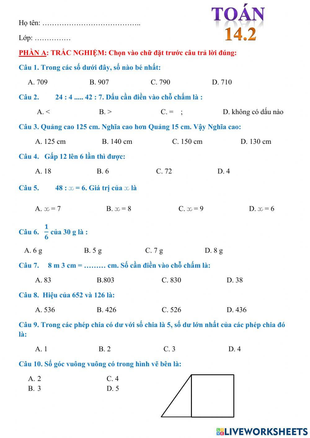 Phiếu bài tập Toán 14.1