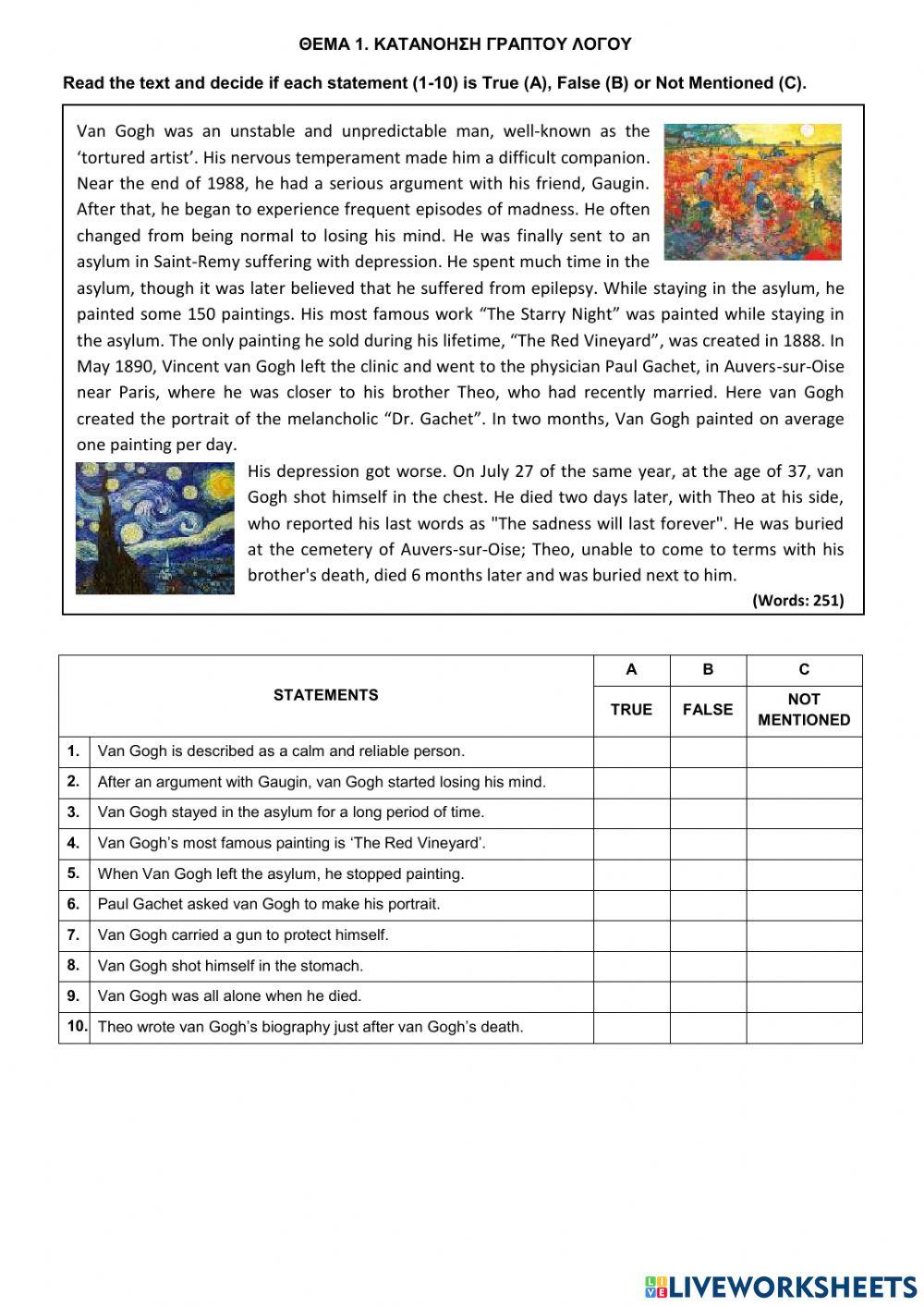 Τράπεζα Θεμάτων-Α' Λυκείου-Αγγλικά-12152- Vincent van Gogh