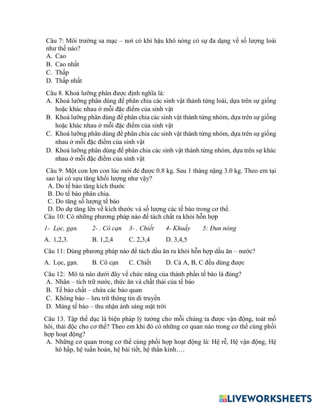 Đề thi chính thức cuối kì 1 KHTN6