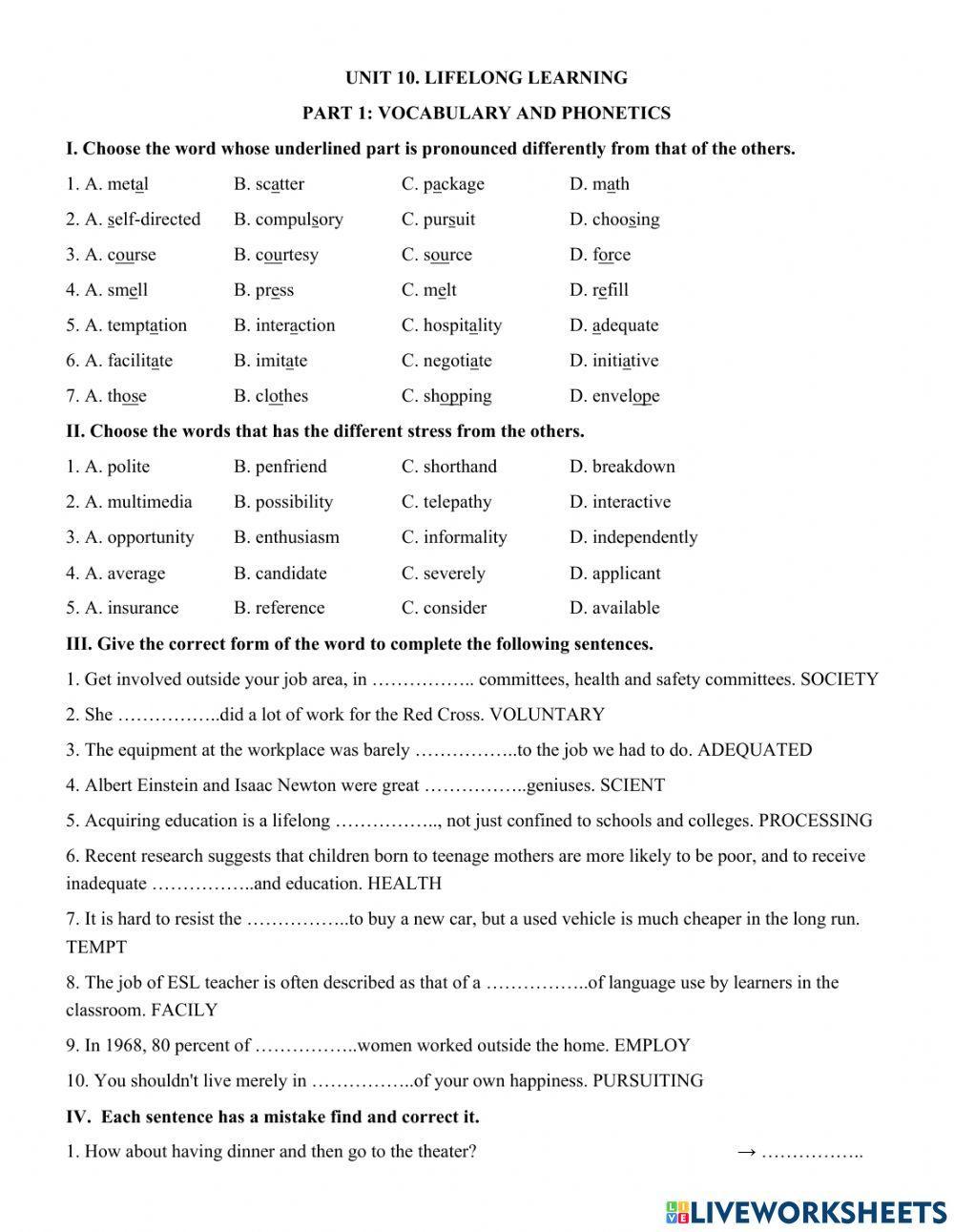 Unit 10. lifelong learning  part 1: vocabulary and phonetics