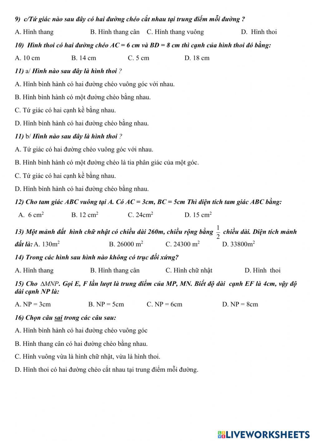 Trắc nghiệm HK1 Toán 8 16