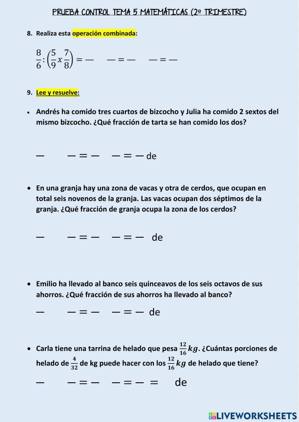 Prueba control tema 5 Matemáticas (Santillana)