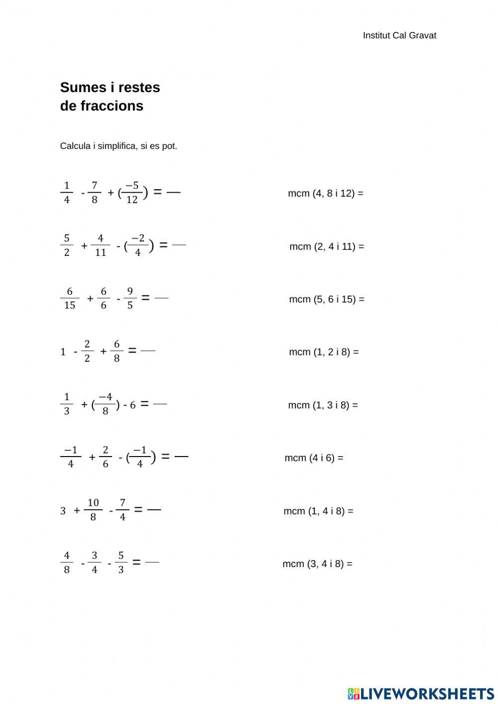 Suma i resta de fraccions