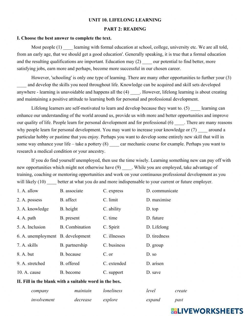 Unit 10. lifelong learning  part 2: reading