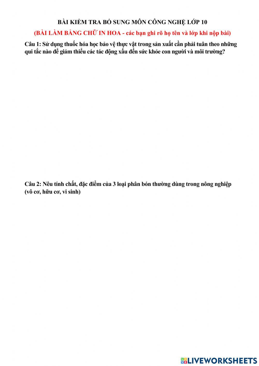 Bài kiểm tra bổ sung- công nghệ 10