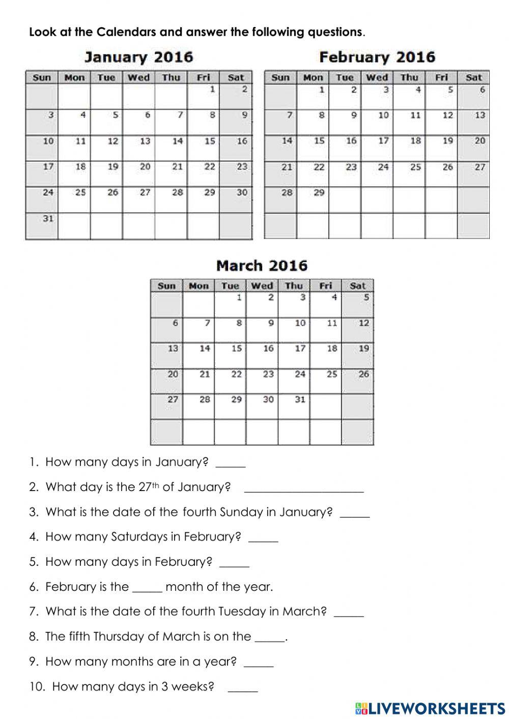 Reading Calendars online exercise for Live Worksheets