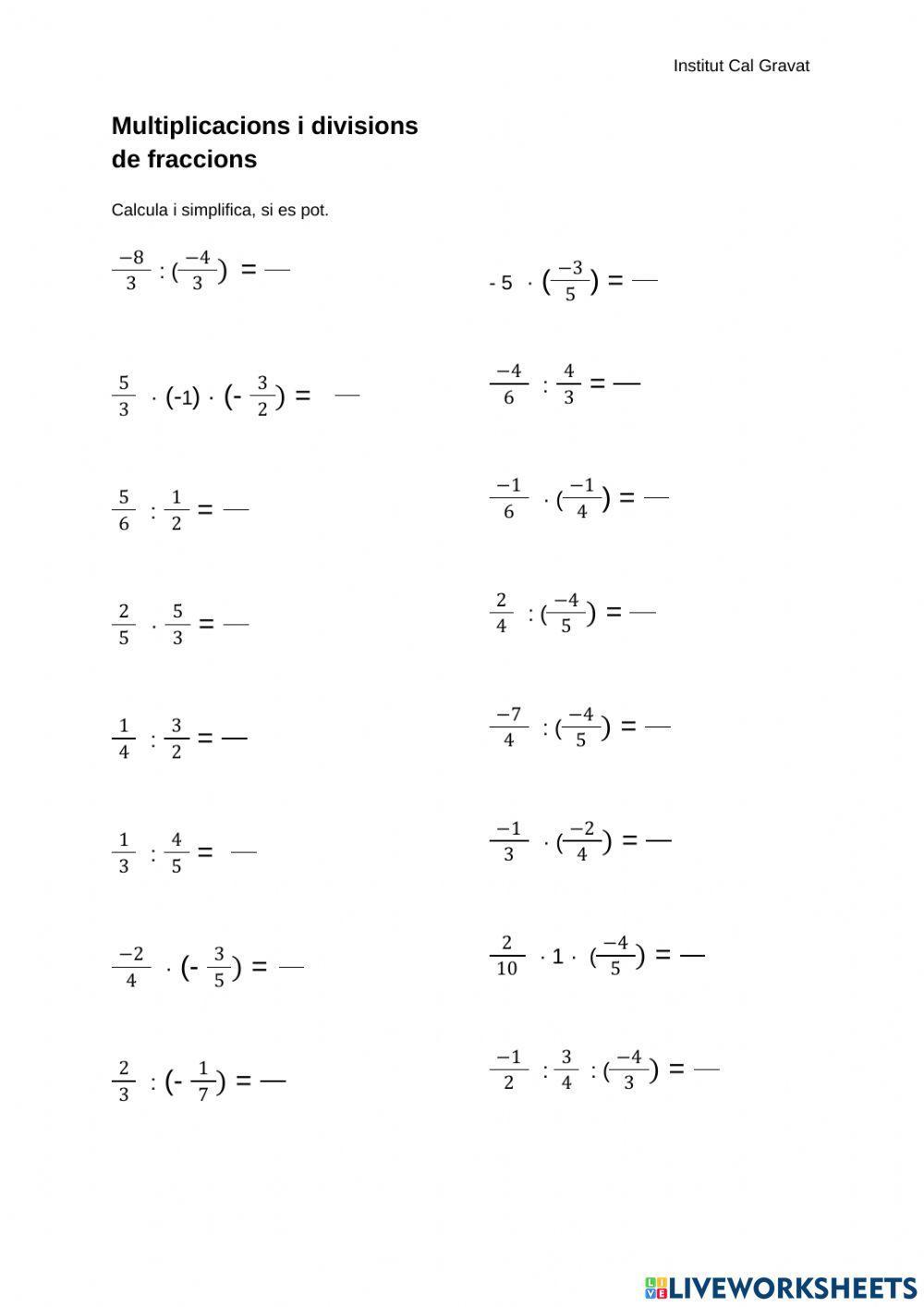Multiplicació i divisió de fraccions