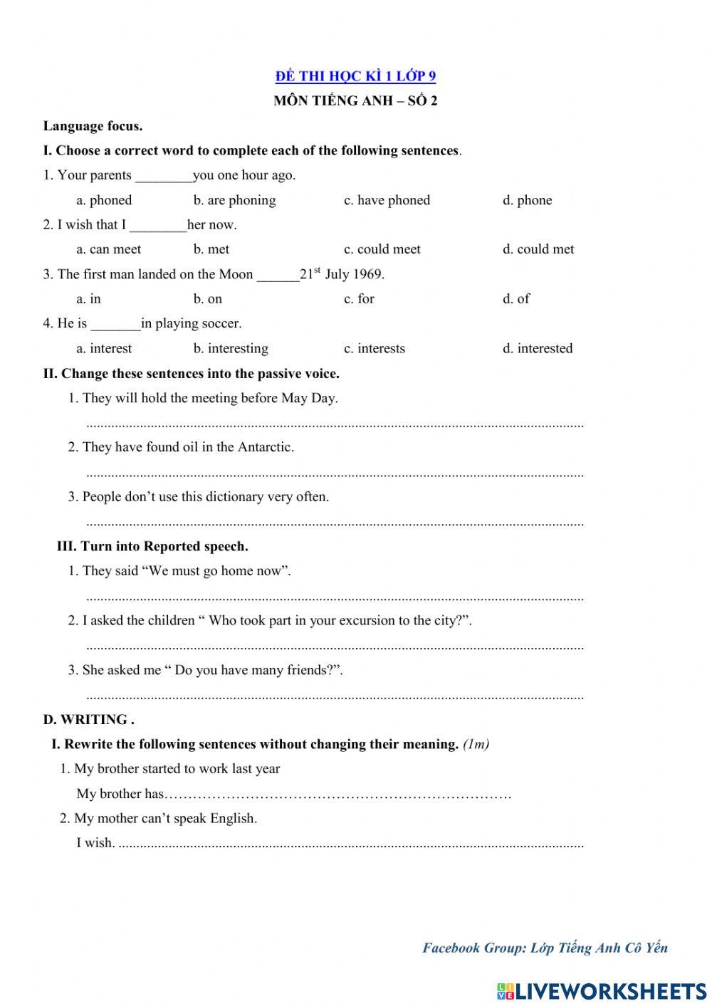 Y9 Final term 1 test số 5