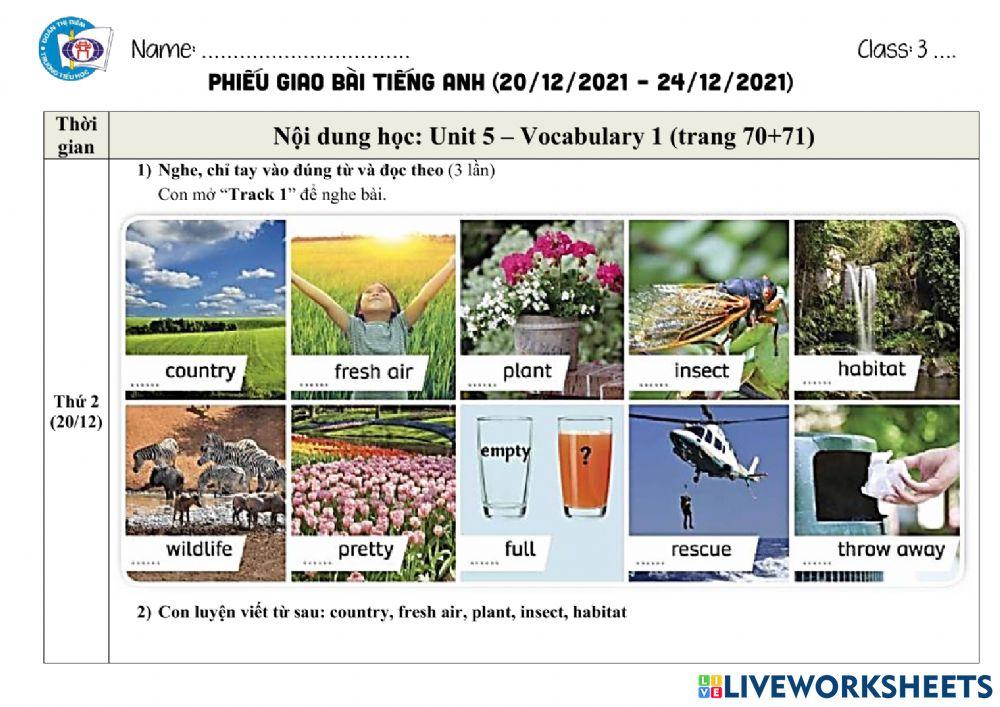 Phiếu giao bài Tiếng Anh tuần từ 20 đến 24.12