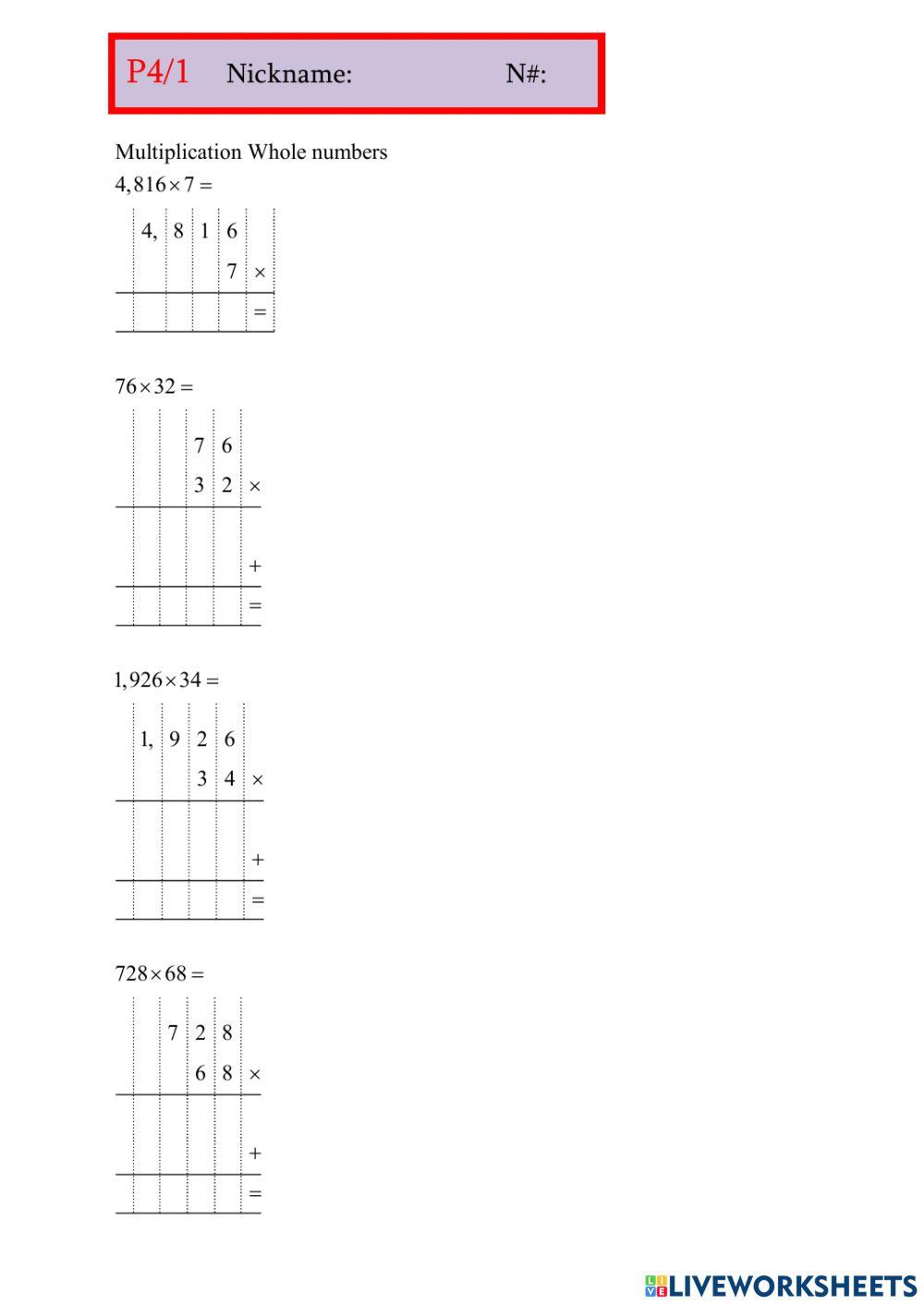 Multiplication whole numbers 02 Multiplication whole numbers 02