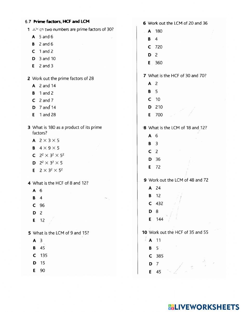 Prime factors hcf lcm online exercise for live worksheets