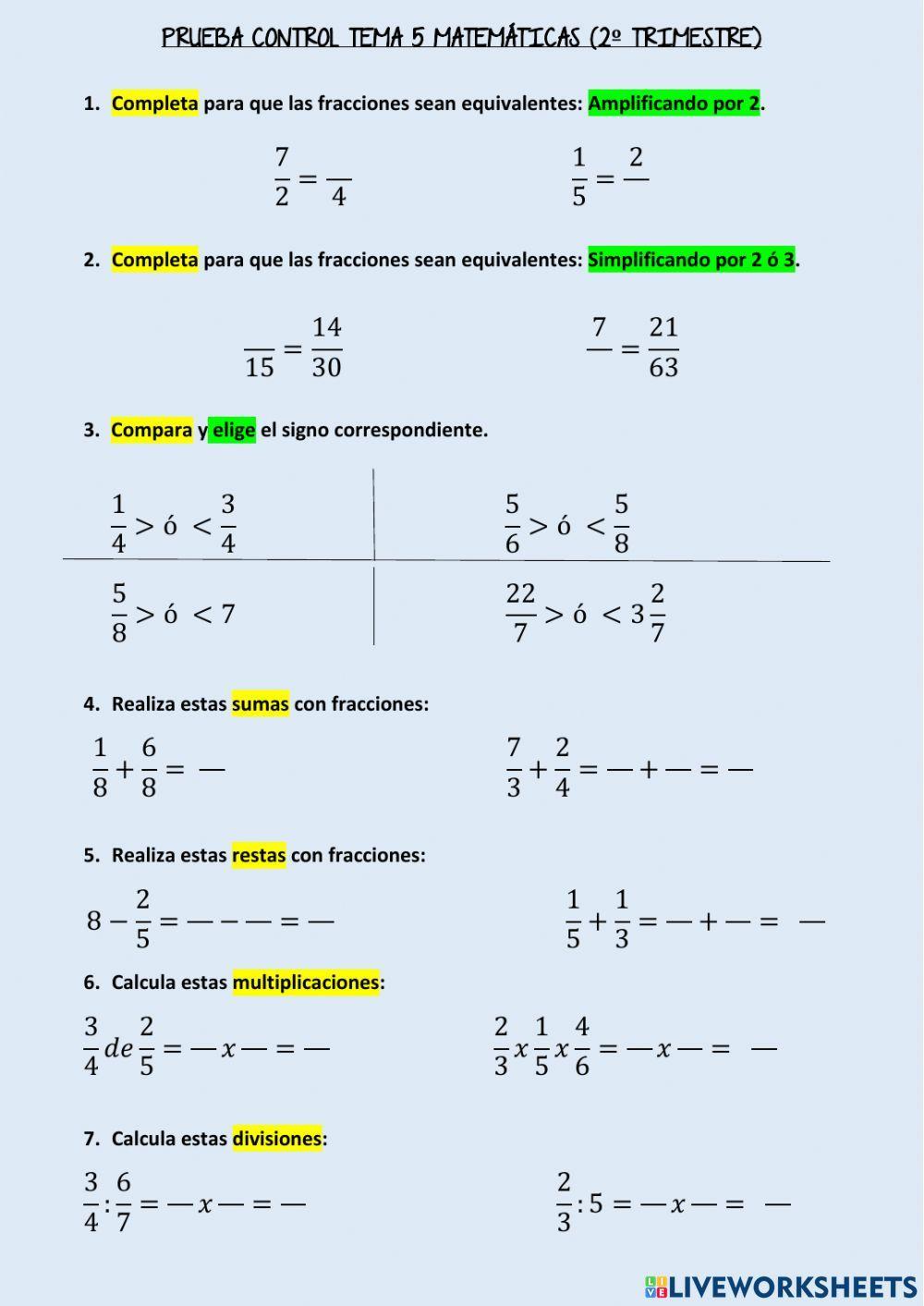 Prueba control Mínimos tema 5 Matemáticas (Santillana)