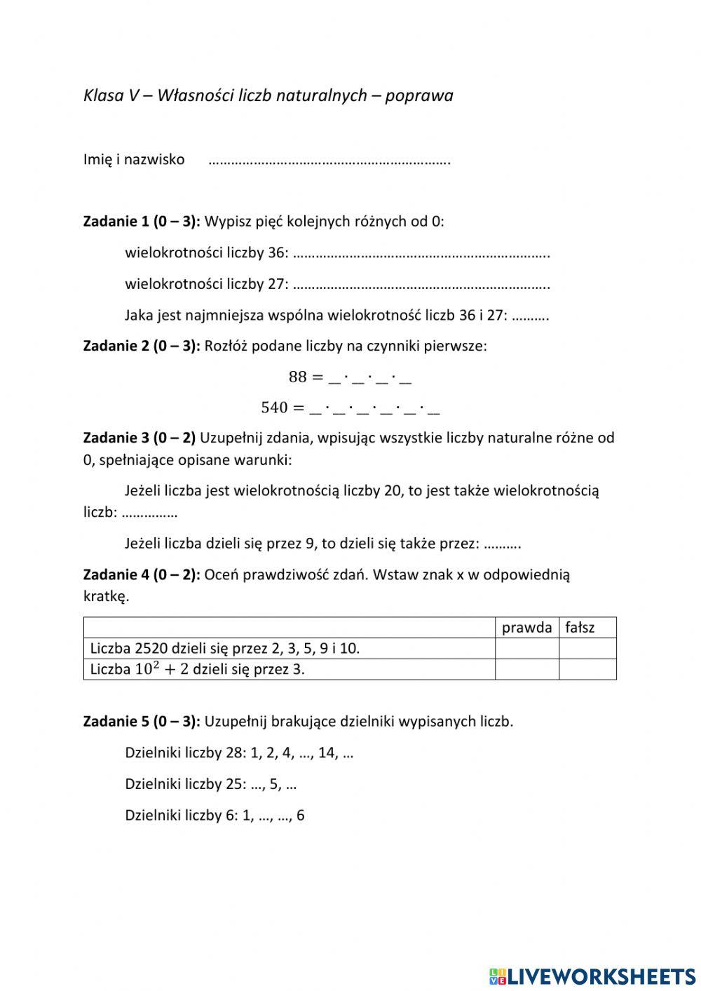 Własnoścli liczb naturalnych | LiveWorksheets | 1743843