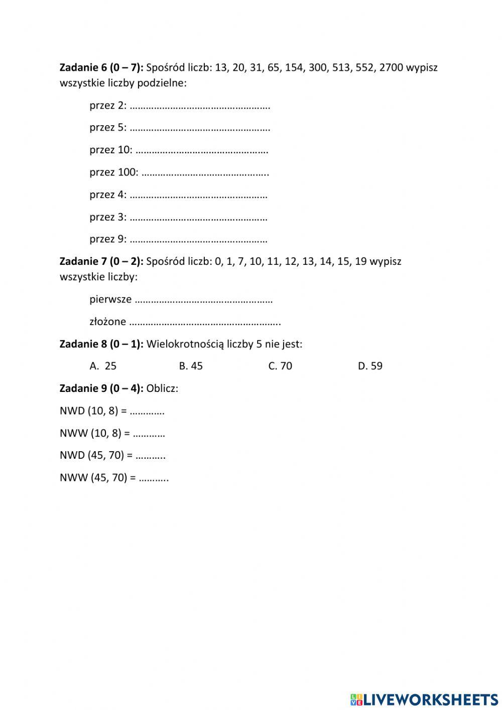 Podzielność Liczb Naturalnych Klasa 5 Własnoścli liczb naturalnych | LiveWorksheets | 1743843