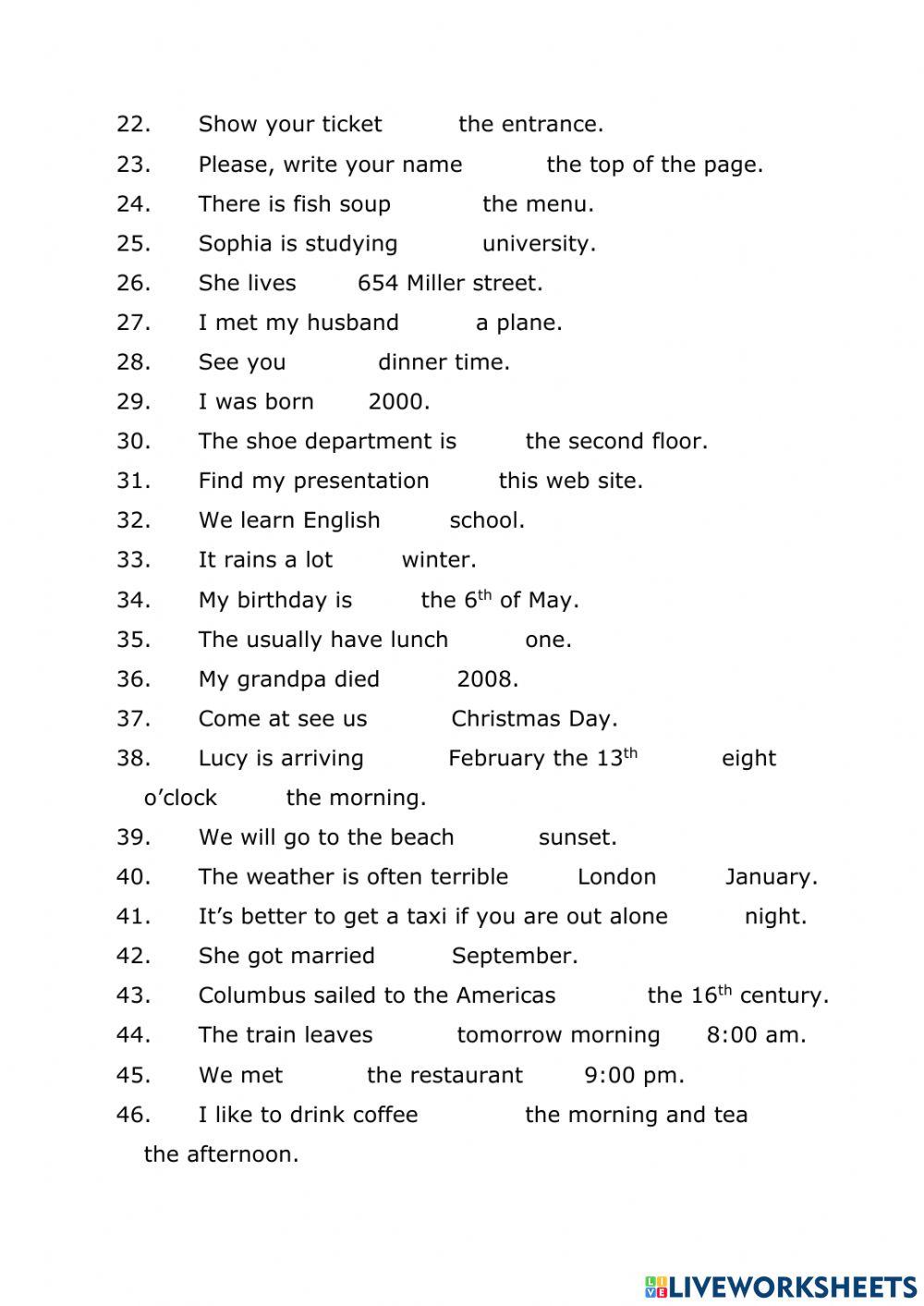 Prepositions of time and place in on at