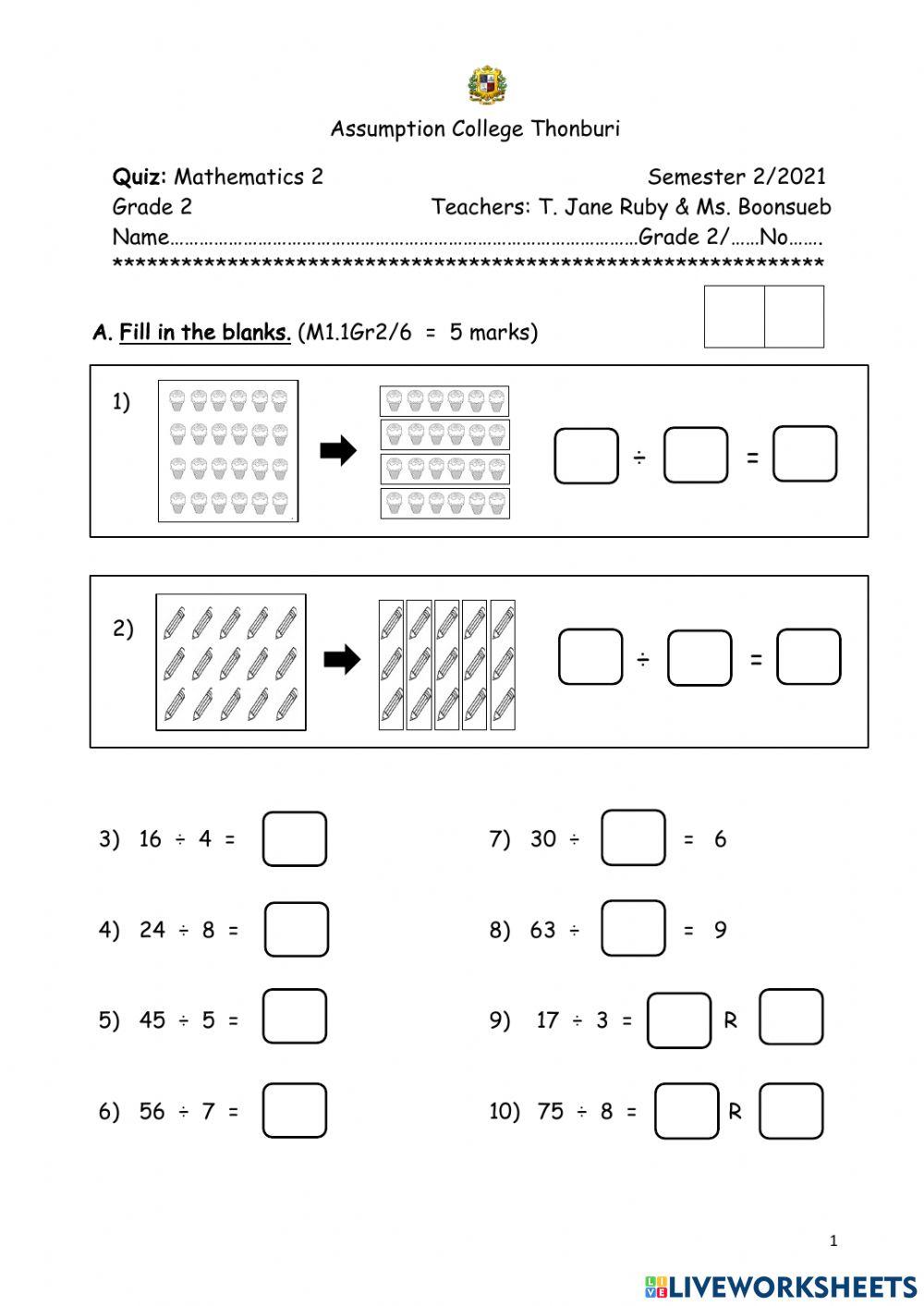 Division - Grade 2 online exercise for | Live Worksheets