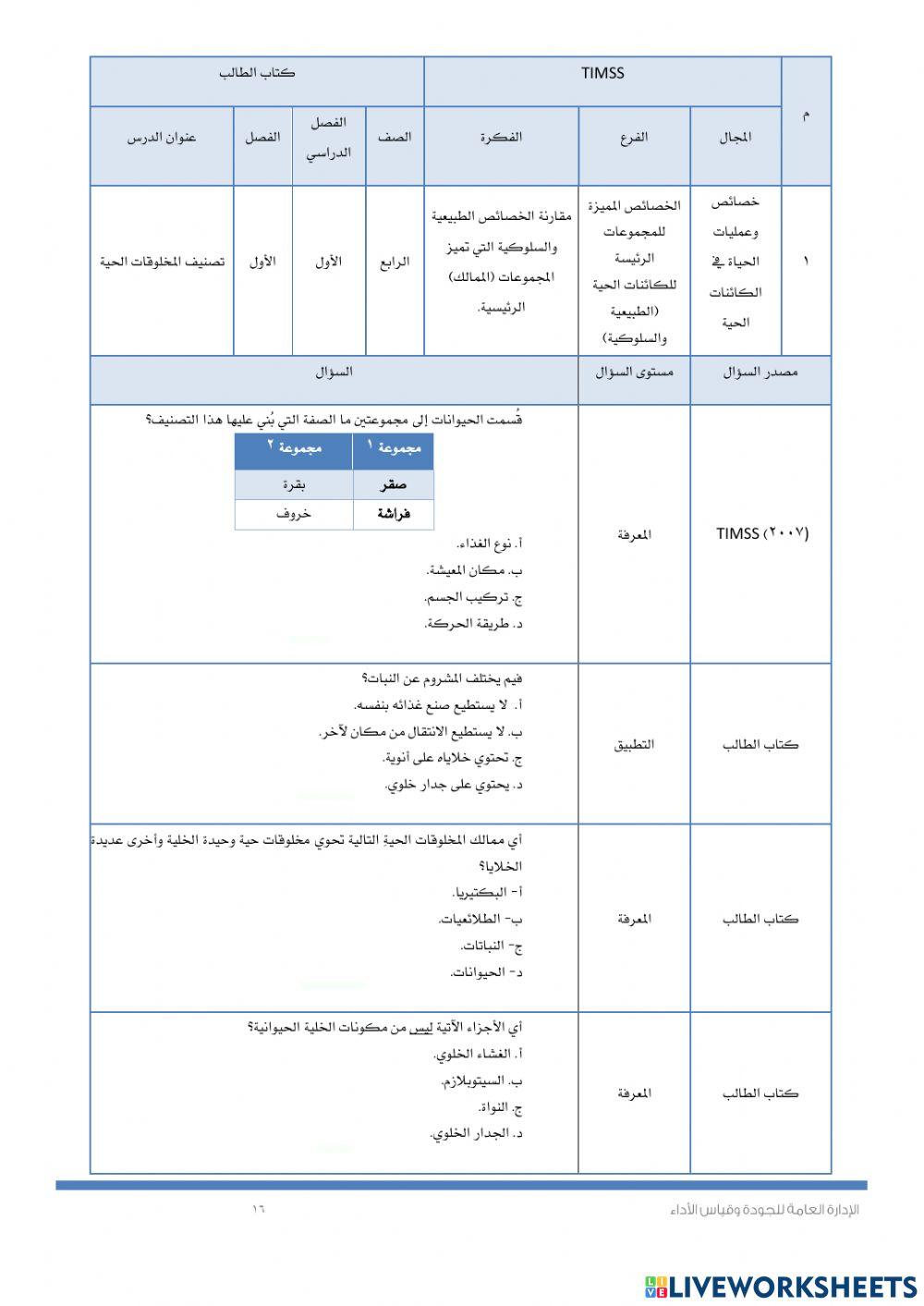 تصنيف المخلوقات الحية timss