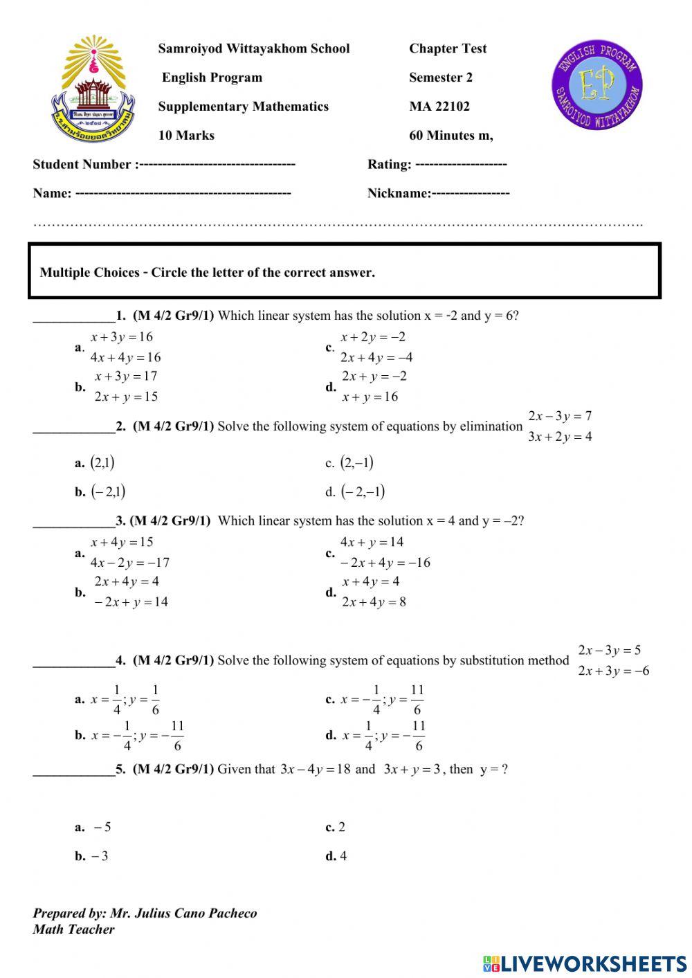 System of linear equations online exercise for live worksheets