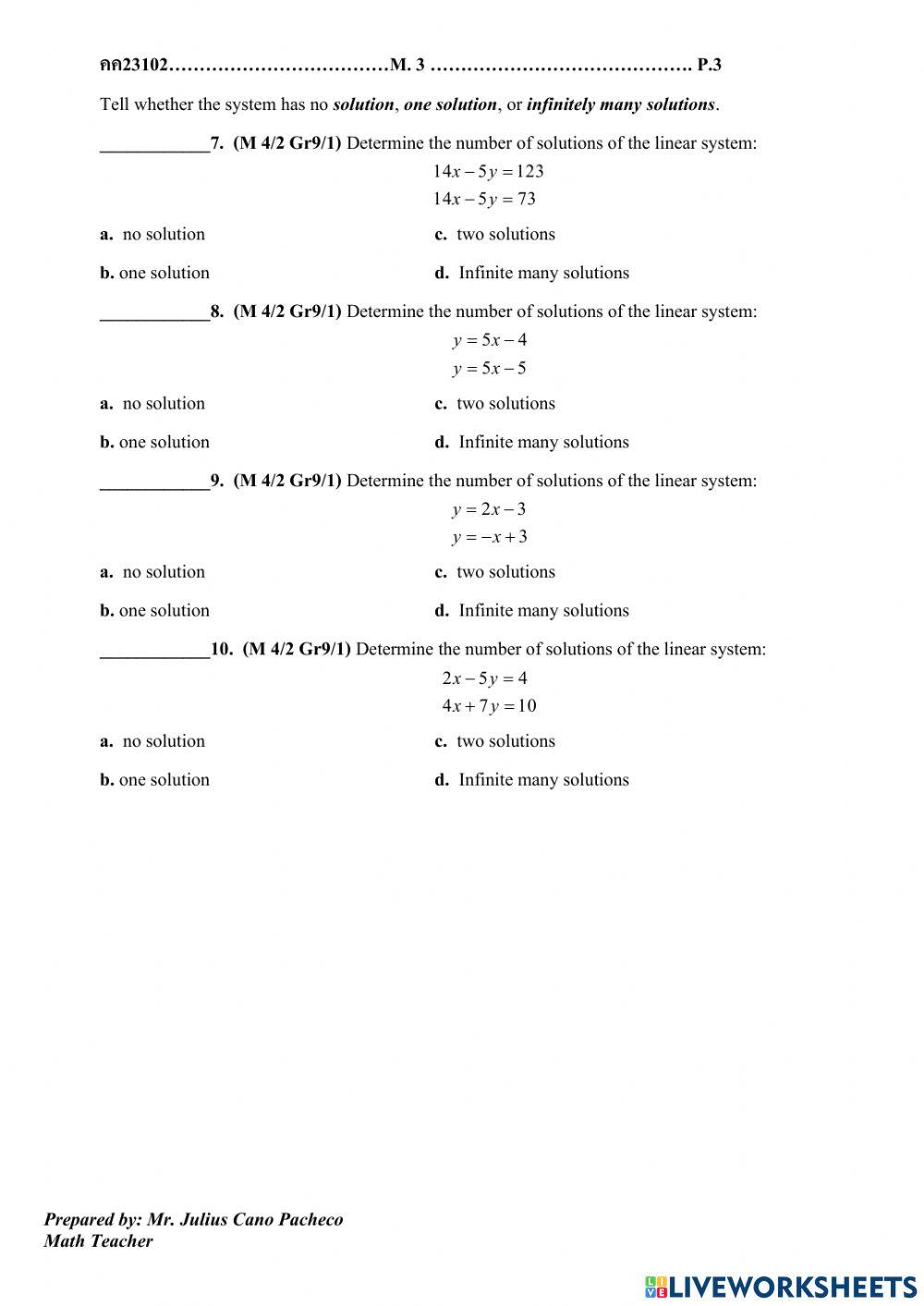 System of linear equations online exercise for live worksheets