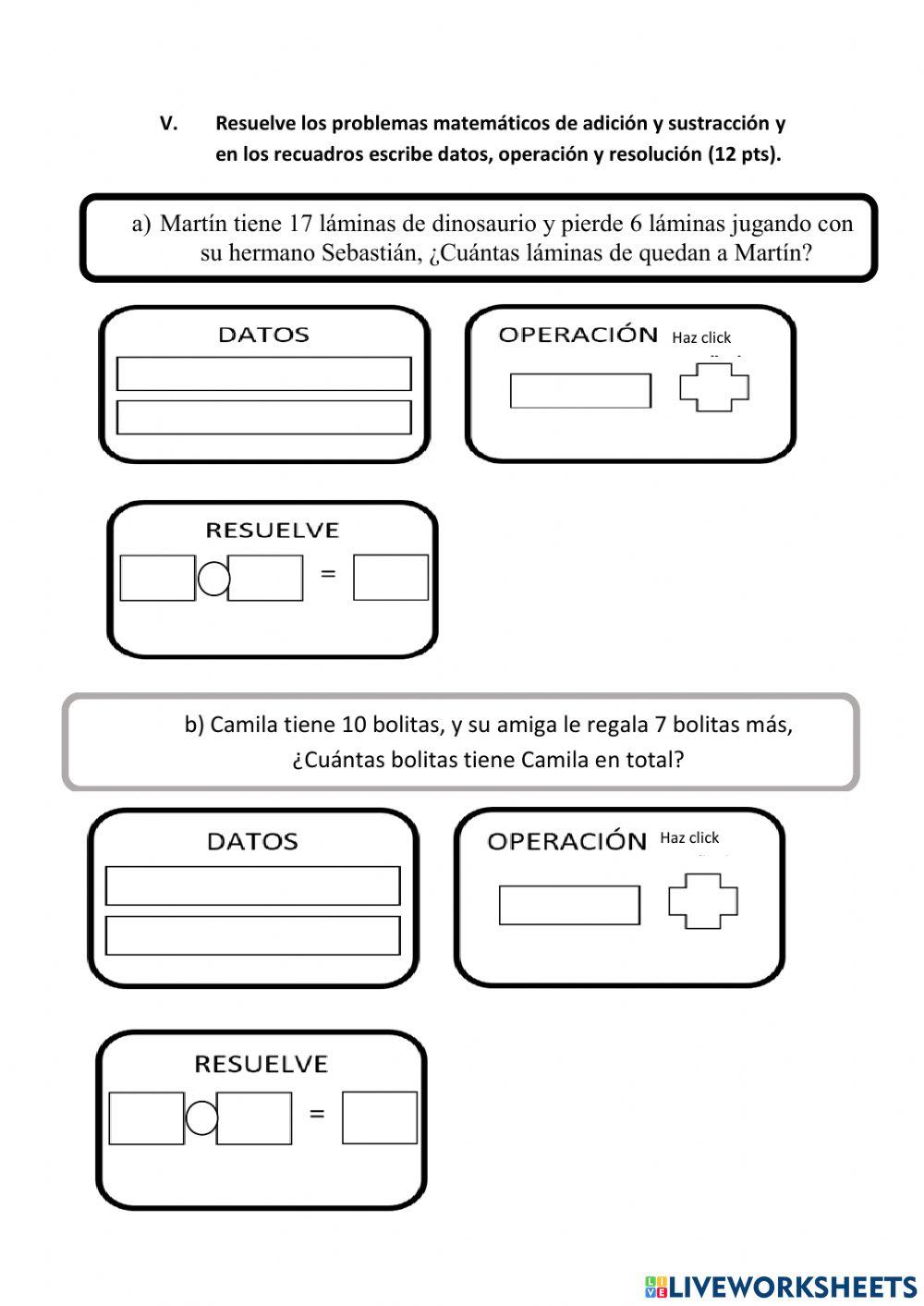 Evaluación adición y sustracción 0 al 20