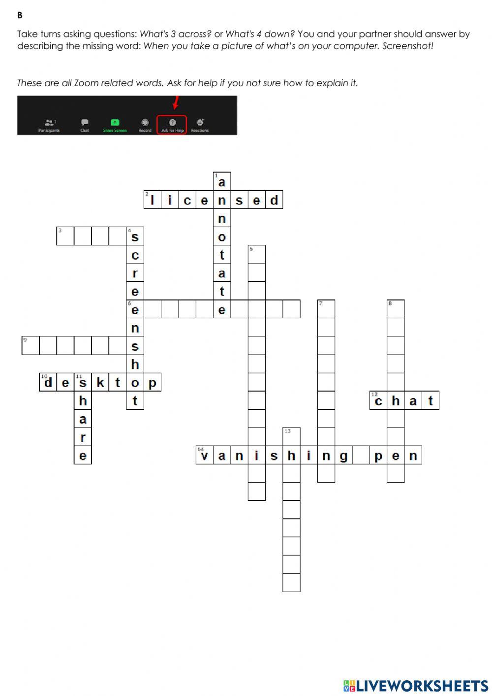 Crossword B online exercise for Live Worksheets