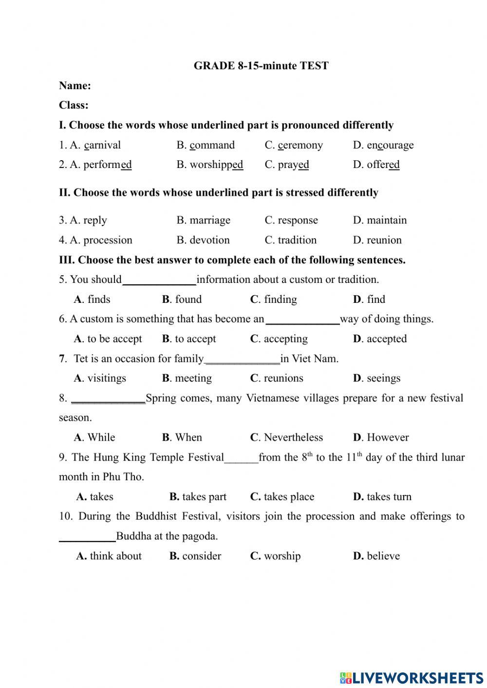 Grade 8 unit 5 15minute-test