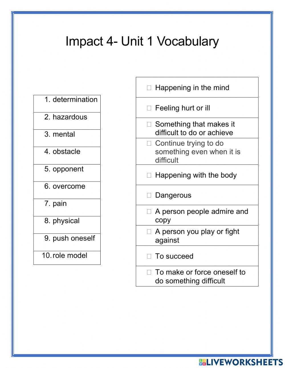Impact 4- Unit 1 Reading 1 Vocabulary