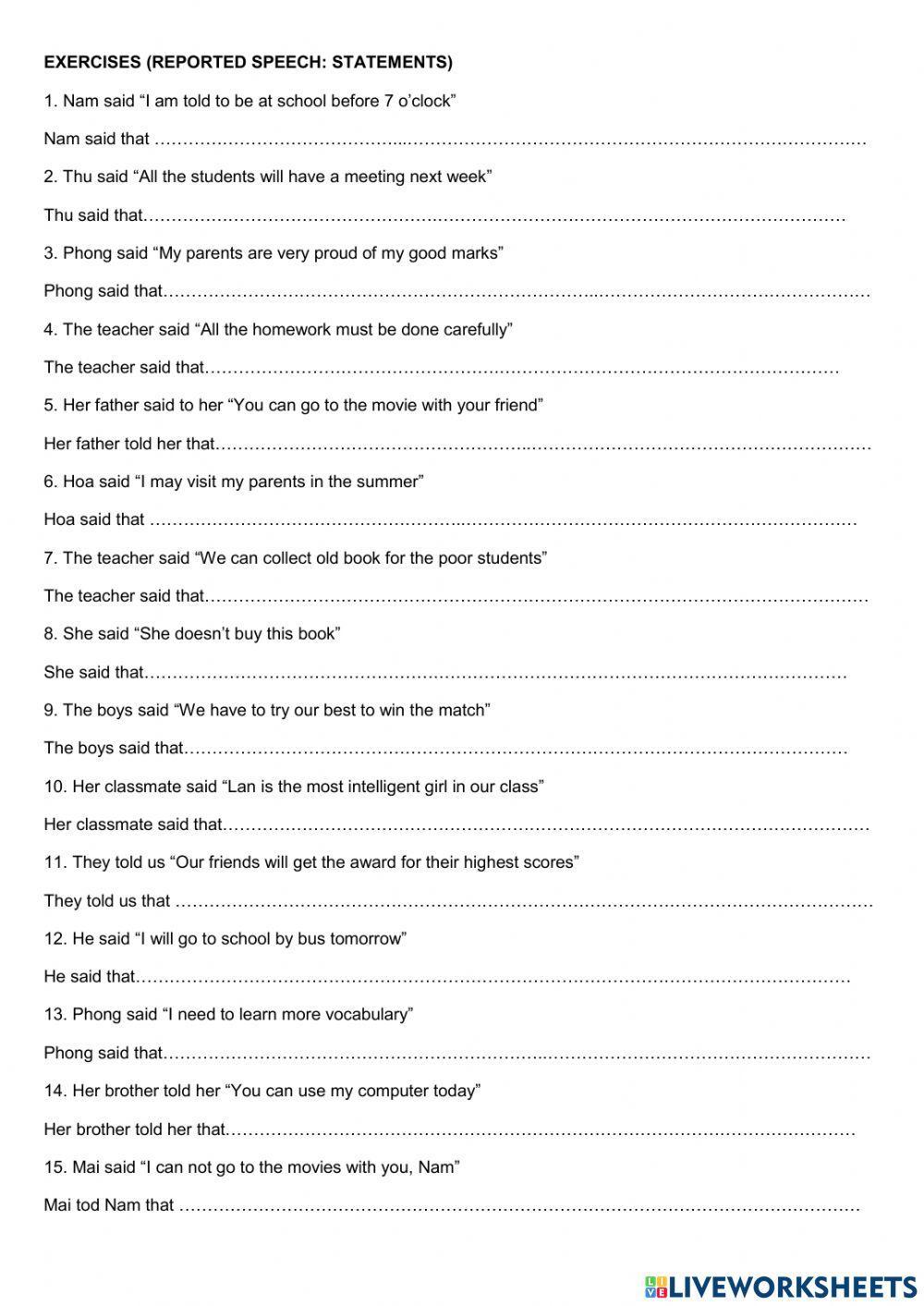 Reported speech : statements Reported speech : statements