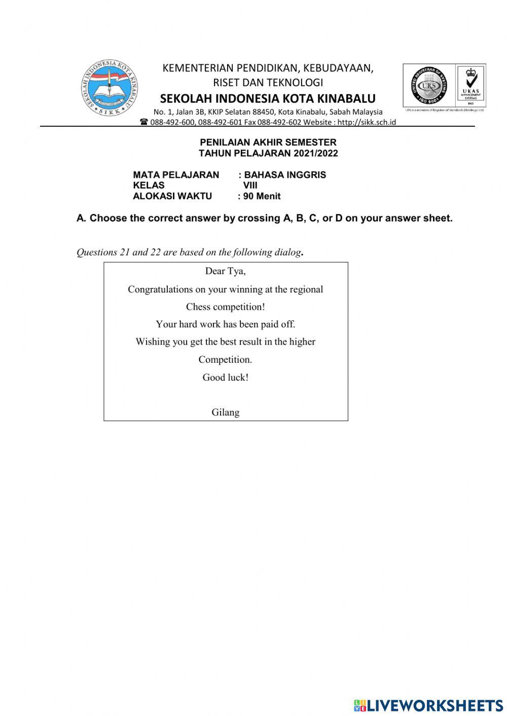 SOAL PAS Bahasa Inggris Kelas 8 No 21-40