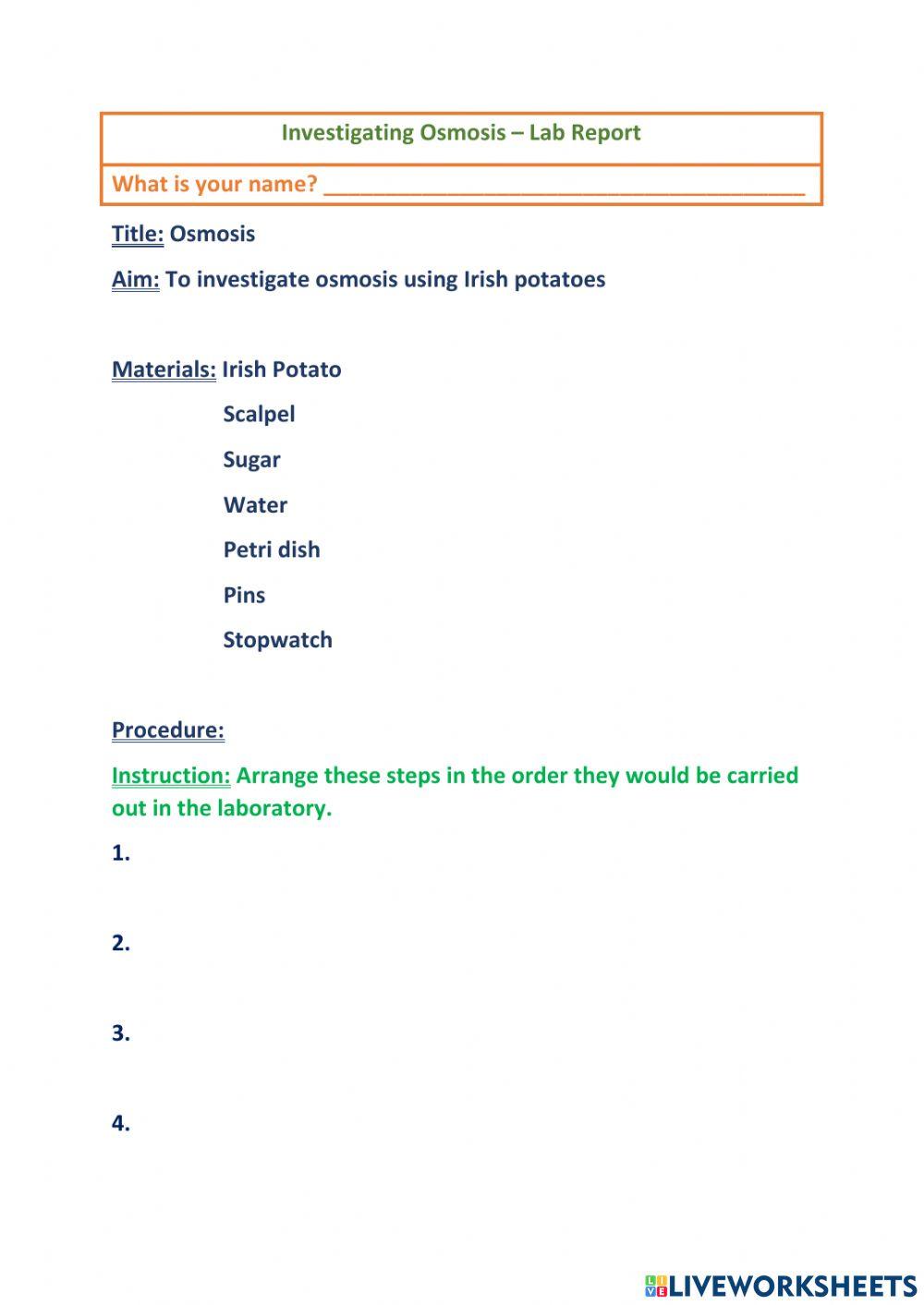 Osmosis Potato Lab Report worksheet Live Worksheets