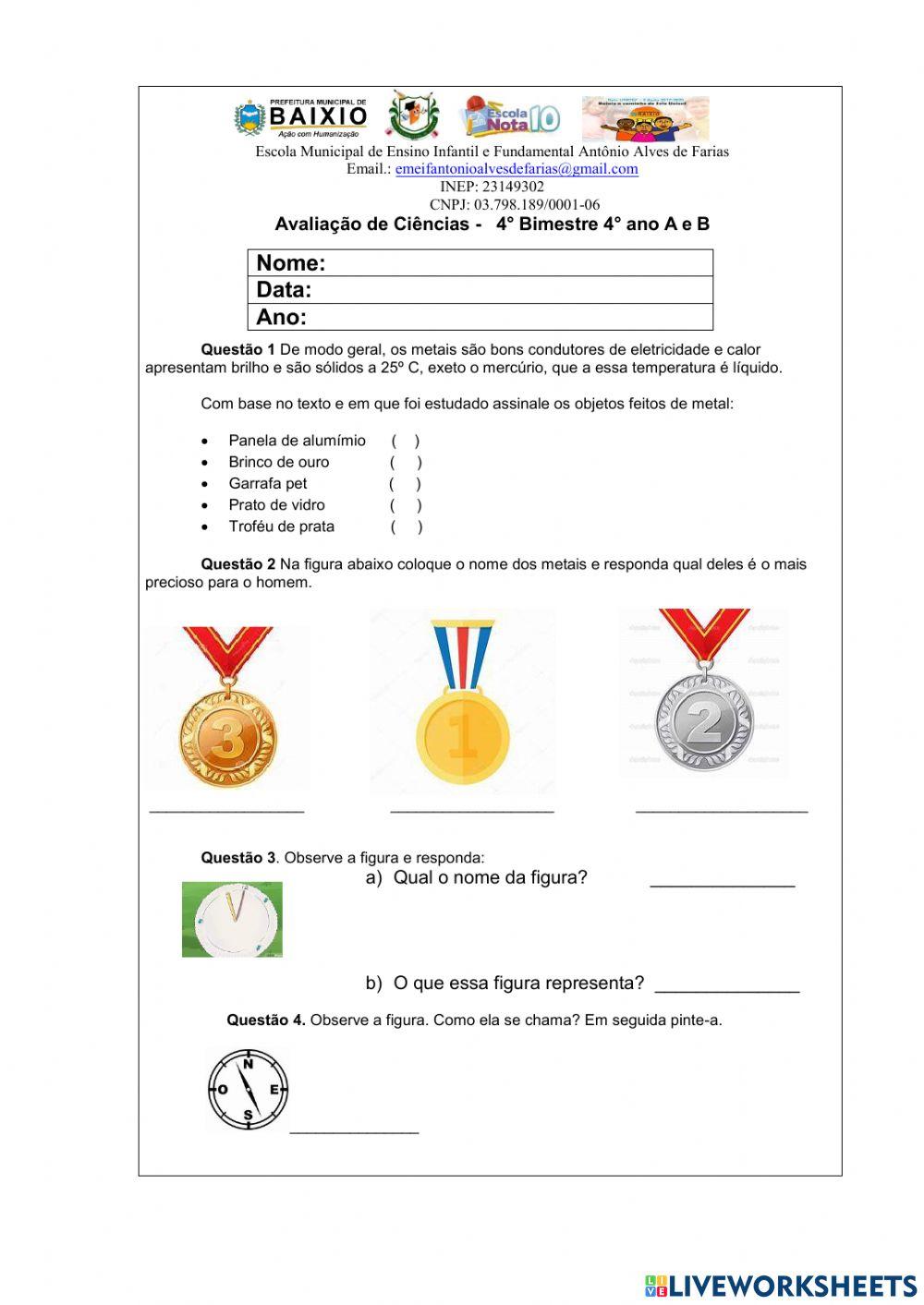 Avaliação de Ciênicas 4º ano Dezembro 2021