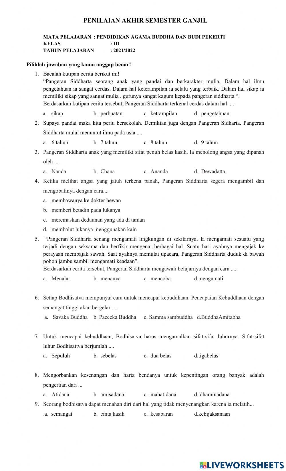 Soal Penilaian Semester Kelas 3 Agama Buddha