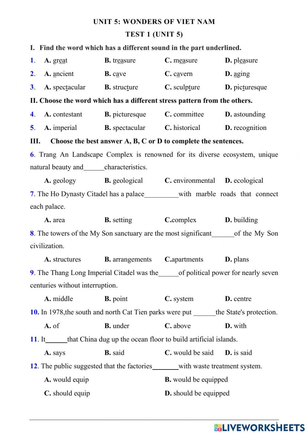 Unit 5- wonders of vietnam - test 1