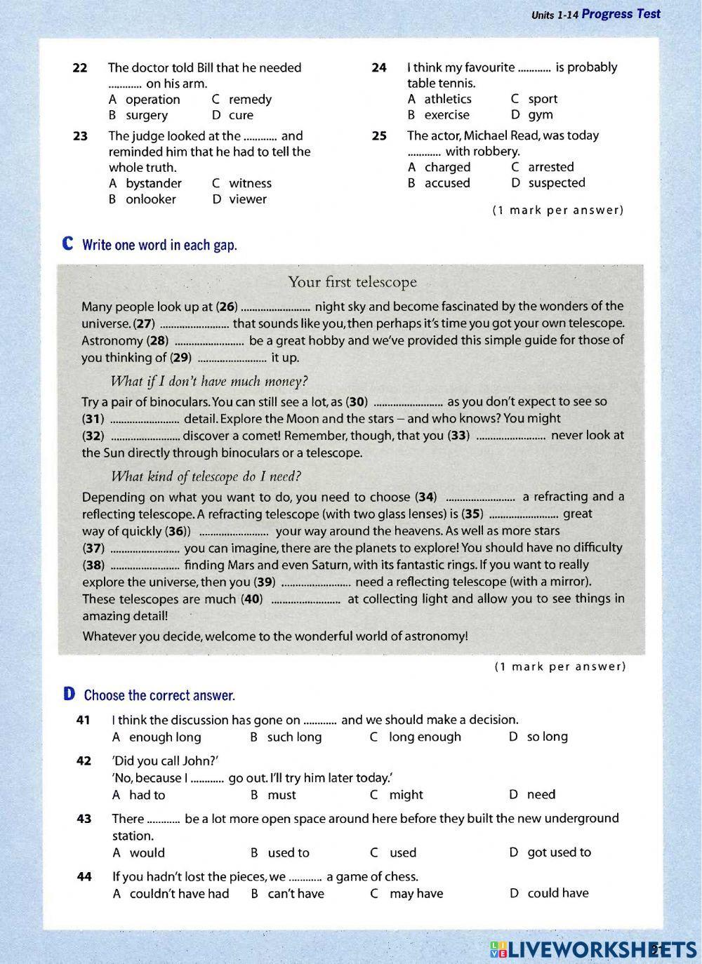 Destination B2 Progress Test 1