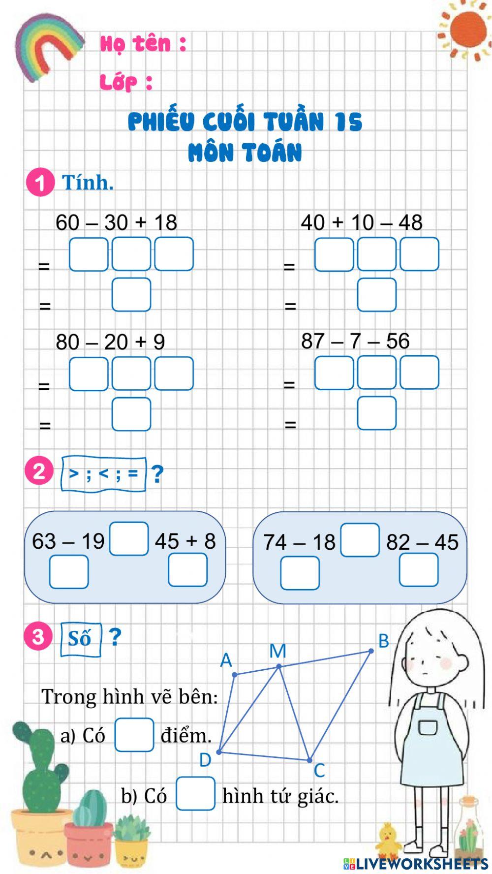 Phiếu cuối tuần 15 - Toán