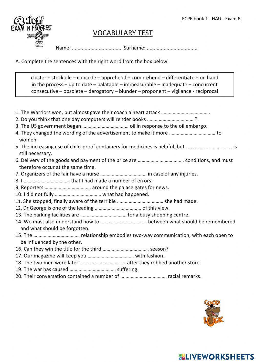 ECPE HAU book 1 Exam 6 Vocabulary Test