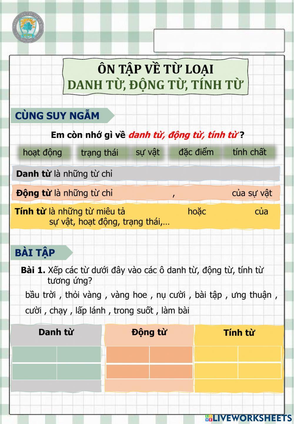 Ôn tập về danh từ, động từ, tính từ