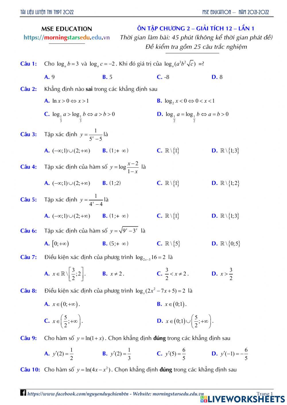 Giải tích 12 - Đề Ôn tập Chương 2 - Lần 1
