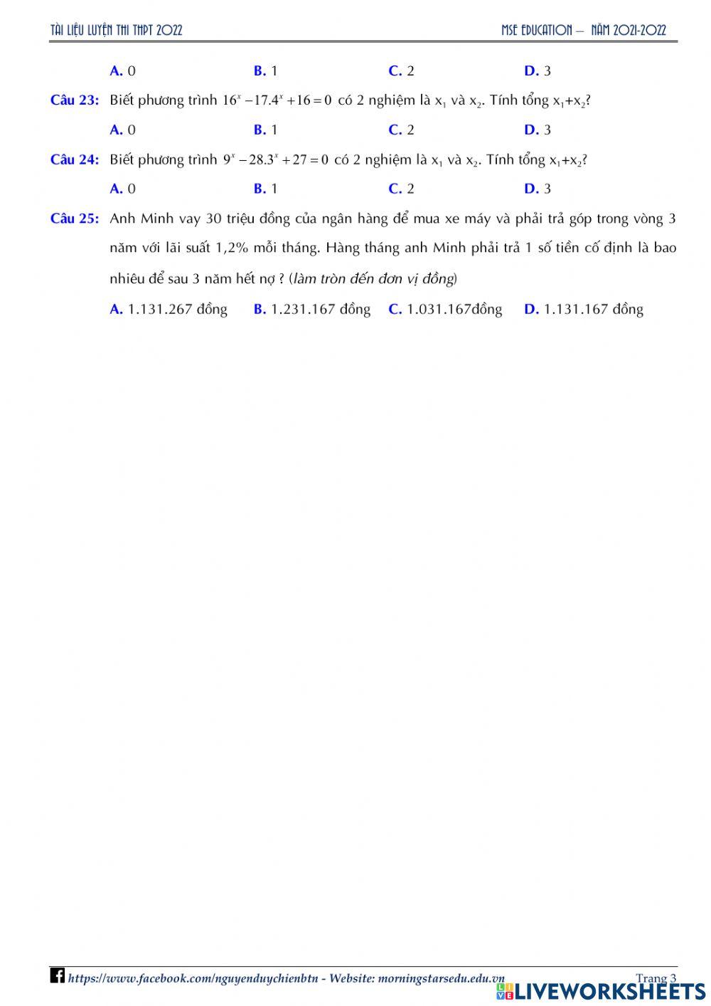 Giải tích 12 - Đề Ôn tập Chương 2 - Lần 1