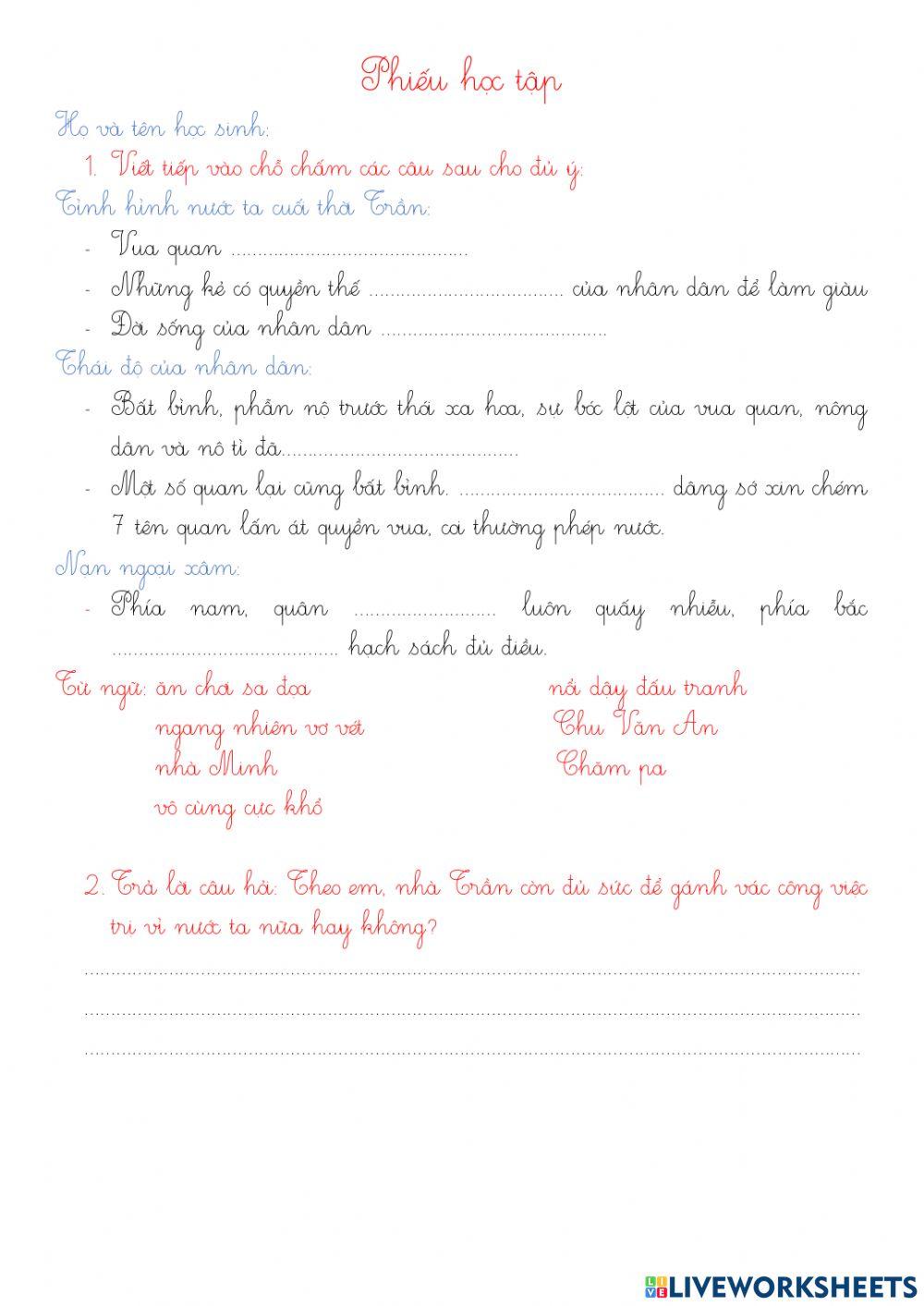 Phiếu học tập lớp 4 môn Lịch sử bài 15